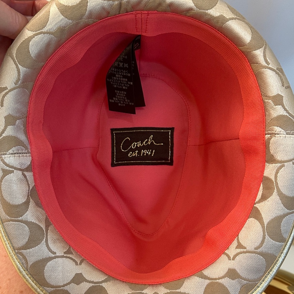 Coach Tan Hat with Floral Embroidery and Red Ribbon - Picture 3 of 4